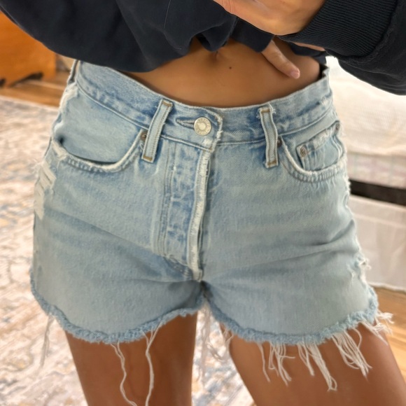 Agolde Pants - AGOLDE Light Blue Frayed Denim Cutoff Shorts